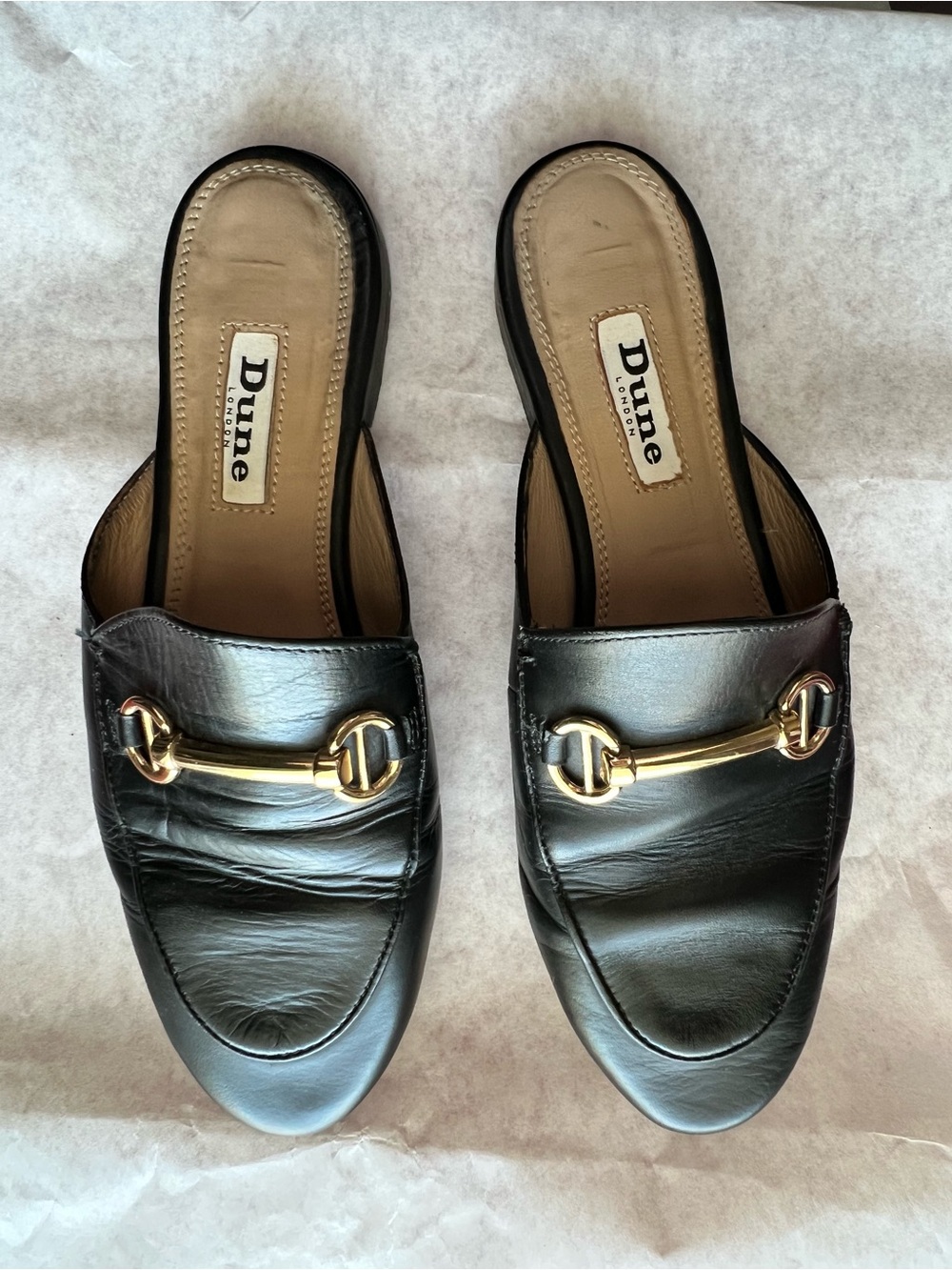 Dune London Black Leather Mules with Gold Horsebit